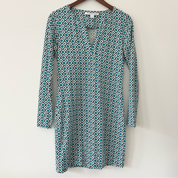 Diane von Furstenberg Diamond Print Sheath Dress Green White Black Cotton Silk 2 - Picture 1 of 9